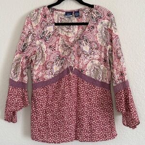 Vintage Y2K Womens XL Paisley Babydoll Bow Top Fairy Prairie Cottage Boho Cotton